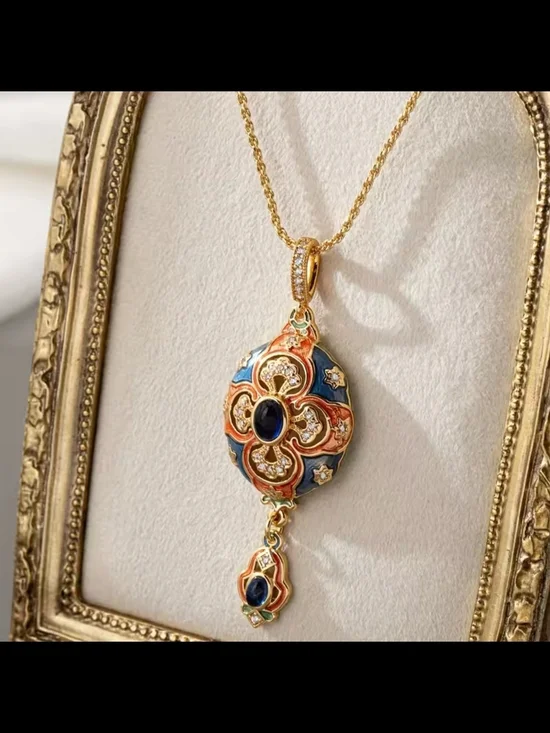 Gold-Tone Blue and Orange Enamel Pendant Necklace - Picture 4 of 6